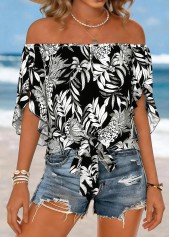 Black Tie Floral Print Half Sleeve Off Shoulder Blouse | thumb picture 