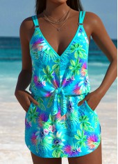 Tummy Coverage Tropical Plants Print Cyan One Piece Swimwear