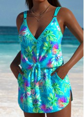 Tummy Coverage Tropical Plants Print Cyan One Piece Swimwear | thumb picture 