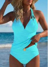 Tummy Coverage Mid Waisted Cyan Tankini Set