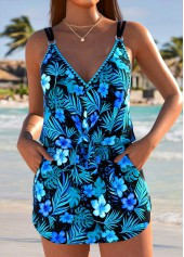Tummy Coverage Floral Print Dark Blue One Piece Swimwear