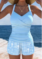 Tummy Coverage Dusty Blue Tropical Plants Print Tankini Set