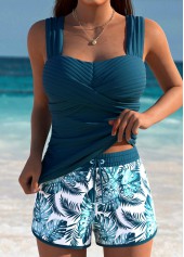 Tummy Coverage Peacock Blue Leaf Print Tankini Set