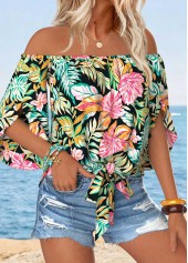 Multi Color Tummy Coverage Tropical Plants Print Blouse | thumb picture 