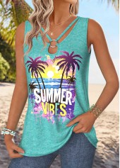 Mint Green Tummy Coverage Tropical Plants Print Tank Top | thumb picture 