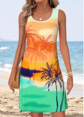 Multi Color Tummy Coverage Tropical Plants Print Short Dress
