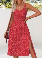 Red Tummy Coverage Polka Dot Strappy V Neck Dress