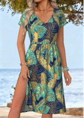 Multi Color Tummy Coverage Leaf Print Short Sleeve Dress | thumb picture 