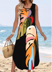 Black Tummy Coverage Leaf Print Sleeveless V Neck Dress