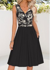 Black Tummy Coverage Leaf Print Sleeveless V Neck Dress