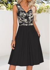 Black Tummy Coverage Leaf Print Sleeveless V Neck Dress | thumb picture 
