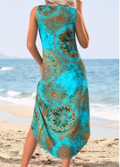 Turquoise Tummy Coverage Tribal Print Sleeveless V Neck Dress | thumb picture 