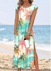 Multi Color Tummy Coverage Tropical Plants Print Dress | thumb picture 