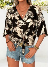 Black Leaf Print Half Sleeve V Neck Blouse