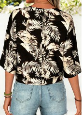 Black Leaf Print Half Sleeve V Neck Blouse | thumb picture 