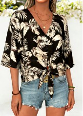 Black Leaf Print Half Sleeve V Neck Blouse | thumb picture 