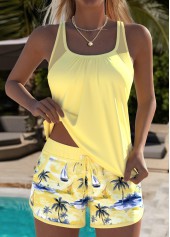 Tummy Coverage Mid Waisted Tropical Plants Print Tankini Set