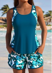 Pocket Mid Waisted Tropical Plants Print Tankini Set
