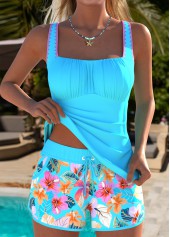 Tummy Control Mid Waisted Floral Print Cyan Tankini Set