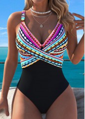 Tummy Control Striped Black One Piece Swimwear