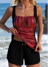 Tummy Coverage Mid Waisted Striped Black Tankini Set
