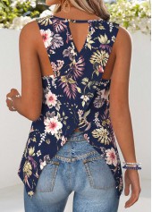 Navy Tummy Coverage Floral Print Sleeveless Tank Top