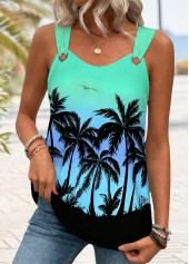 Cyan Tummy Coverage Tropical Plants Print Sleeveless Tank Top