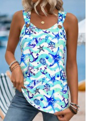 Cyan Tummy Coverage Marine Life Print Sleeveless Tank Top