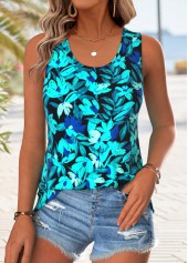 Blue Floral Print Sleeveless Round Neck Tank Top | thumb picture 