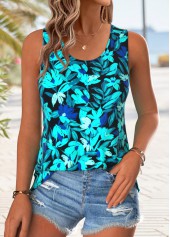 Blue Floral Print Sleeveless Round Neck Tank Top | thumb picture 