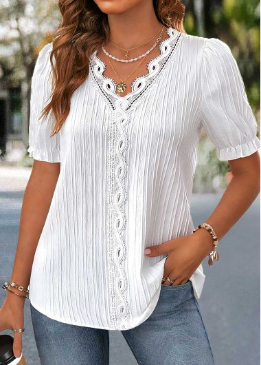 women clothes image of White Lace Short Sleeve V Neck Blouse