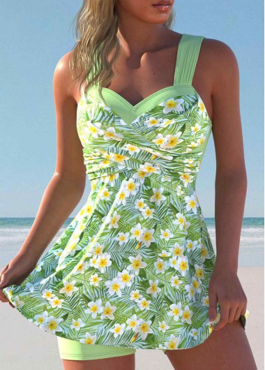 women clothes image of Surplice Mid Waisted Floral Print Light Green Tankini Set