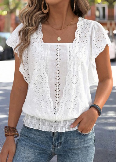 women clothes image of Raw White Layered Short Sleeve Square Neck Blouse