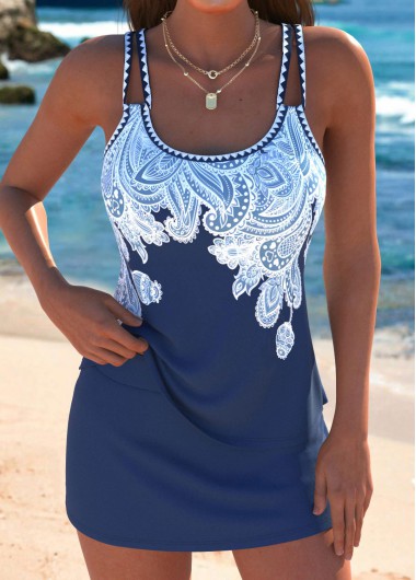 women clothes image of Mid Waisted Tribal Print Dark Blue Tankini Set