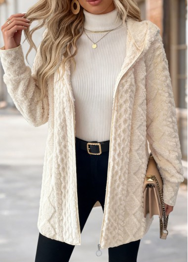 women clothes image of Beige Tummy Coverage Long Sleeve Hooded Coat