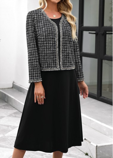 women clothes image of Black Tummy Coverage Plaid Long Sleeve Dress and Cardigan