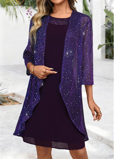 women clothes image of Dark Purple Tummy Coverage Long Sleeve Dress and Cardigan
