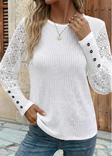 women clothes image of White Patchwork Long Sleeve Round Neck T Shirt