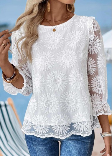 women clothes image of White Patchwork 3/4 Sleeve Round Neck Blouse
