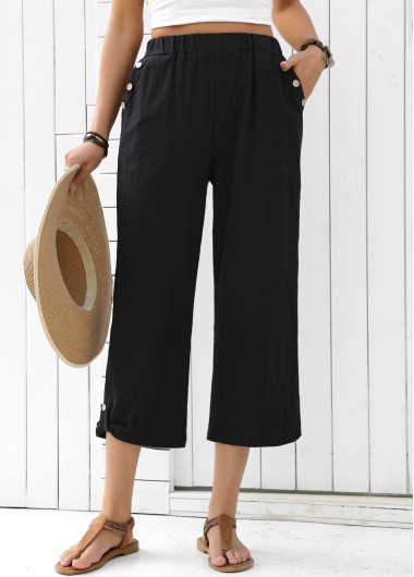 women clothes image of Black Straight Leg Elastic Waist High Waisted Pants