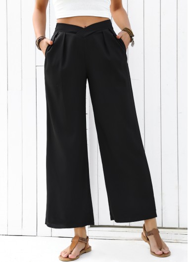 women clothes image of Black Flowy Wide Leg Elastic Waist High Waisted Pants