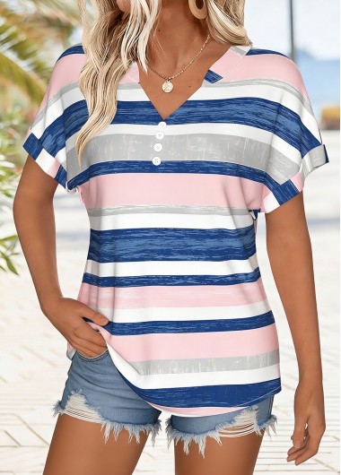 women clothes image of Light Pink Tummy Coverage Striped Short Sleeve T Shirt