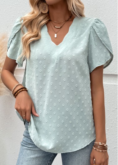 women clothes image of Mint Green Tummy Coverage Short Sleeve V Neck Blouse