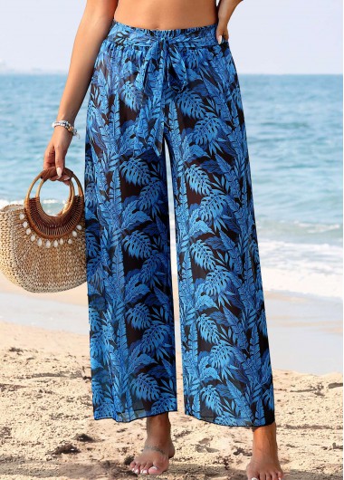 women clothes image of Leaf Print Tie Dark Blue Pants
