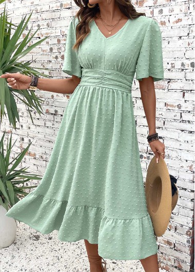 women clothes image of Light Green Patchwork Short Sleeve V Neck Dress