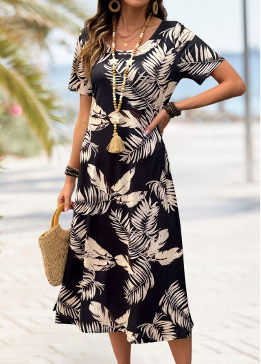 women clothes image of Black Tropical Plants Print Short Sleeve Round Neck Dress
