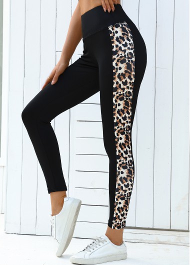 women clothes image of Black Leopard High Waisted Ankle Length Elastic Waist Leggings