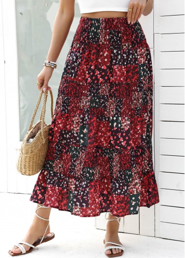 Wine Red Ditsy Floral Print A Line Skirt