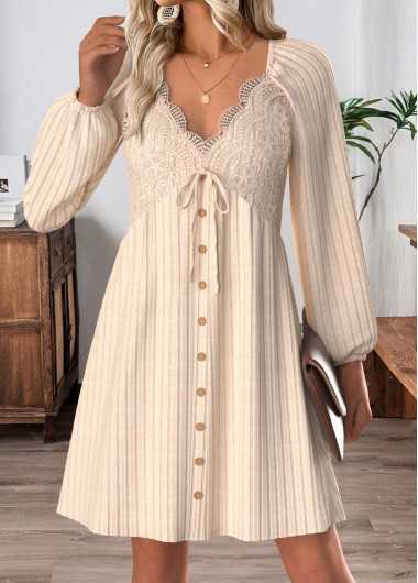 women clothes image of Beige Tummy Coverage Short Long Sleeve V Neck Dress