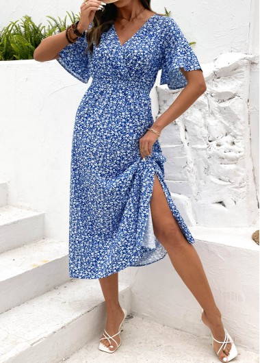 women clothes image of Blue Ditsy Floral Print Shirred Short Sleeve Dress